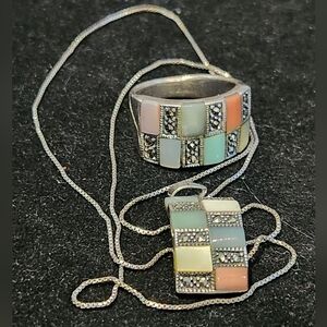 Charles Winston Sterling Silver 925 Necklace Pendant Ring Jade MOP Marcasite Lot